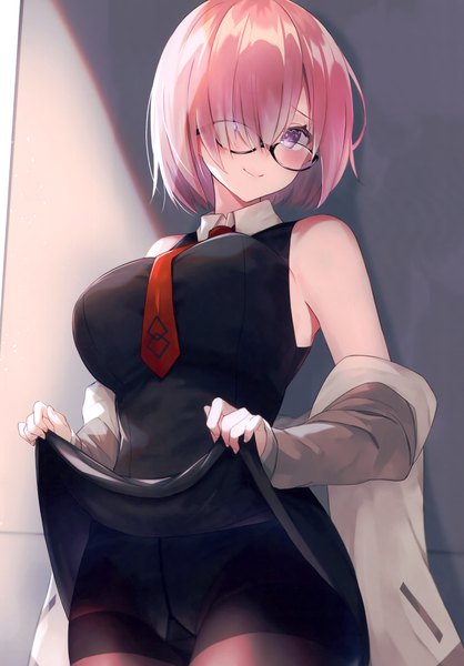 Anime picture 2097x3011 with fate (series) fate/grand order mash kyrielight suzuho hotaru single tall image looking at viewer blush fringe highres short hair breasts light erotic smile large breasts standing purple eyes bare shoulders holding pink hair