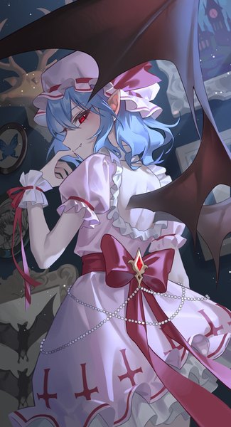 Anime picture 1531x2823 with touhou remilia scarlet jyuma single tall image looking at viewer fringe short hair smile hair between eyes red eyes blue hair looking back pointy ears from behind fang (fangs) puffy sleeves bat wings girl dress