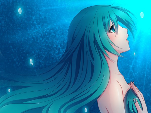 Anime picture 1600x1200 with vocaloid hatsune miku fukufuku (artist) single long hair profile aqua eyes aqua hair underwater girl bubble (bubbles)