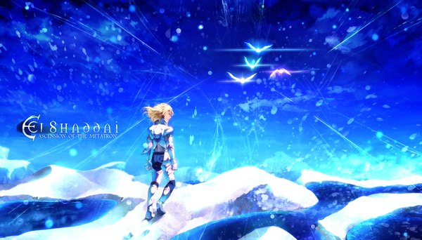 Anime picture 2100x1200 with el shaddai enoch sunakumo single long hair highres blonde hair wide image sky cloud (clouds) boy gloves animal water fingerless gloves bird (birds)