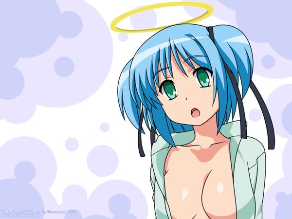 Anime picture 1280x960 with bokusatsu tenshi dokuro-chan mitsukai dokuro single fringe short hair open mouth light erotic green eyes signed blue hair upper body long sleeves head tilt open clothes two side up open shirt vector angel girl ribbon (ribbons)