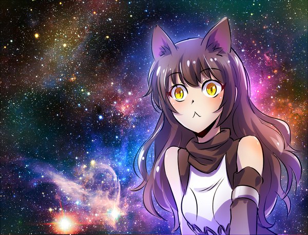 Anime picture 1800x1375 with rwby rooster teeth blake belladonna iesupa single long hair looking at viewer blush fringe highres breasts black hair hair between eyes bare shoulders animal ears yellow eyes upper body cat ears slit pupils space