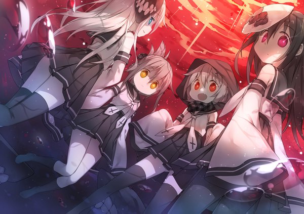 Anime picture 1200x847 with kantai collection hibiki destroyer akatsuki destroyer inazuma destroyer ikazuchi destroyer fred04142 long hair looking at viewer blush short hair open mouth blue eyes black hair smile red eyes multiple girls yellow eyes bent knee (knees) white hair :d
