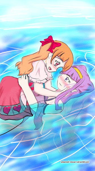 Anime picture 1080x1936 with precure hugtto! precure toei animation ruru amour aisaki emiru unbannedrescuecat long hair tall image blush fringe open mouth red eyes brown hair purple eyes multiple girls purple hair lying profile on back partially submerged