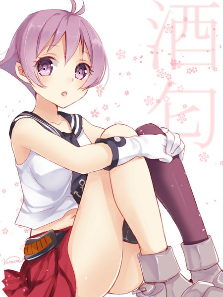Anime picture 600x800 with kantai collection sakawa light cruiser nunucco single tall image looking at viewer blush short hair open mouth light erotic sitting purple eyes signed purple hair ahoge hieroglyph girl thighhighs gloves white gloves