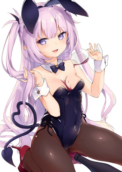 Anime picture 1032x1457 with original sakyumama (kedama milk) kedama milk single tall image looking at viewer blush fringe breasts open mouth light erotic simple background hair between eyes white background sitting holding animal ears pink hair cleavage purple hair