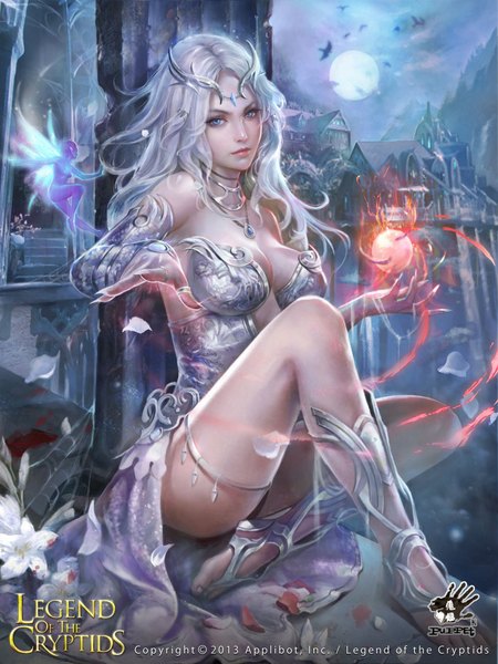 Anime picture 1680x2240 with legend of the cryptids tagme (artist) single long hair tall image looking at viewer breasts blue eyes light erotic large breasts sitting bare shoulders sky cleavage silver hair nail polish barefoot night night sky copyright name