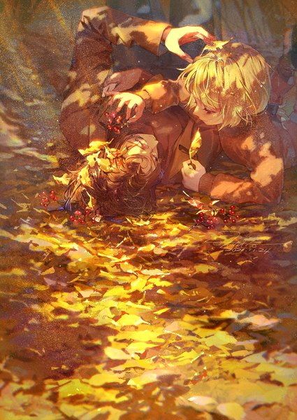 Anime picture 919x1296 with original hato (dovecot) tall image short hair blonde hair brown hair lying sunlight multiple boys on back autumn boy food leaf (leaves) 2 boys berry (berries) autumn leaves ginkgo