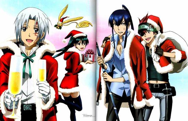 Anime picture 1600x1034 with d.gray-man allen walker kanda yuu lavi lenalee lee long hair short hair black hair white hair ponytail scan fur trim facial mark christmas group face paint girl boy gloves fingerless gloves