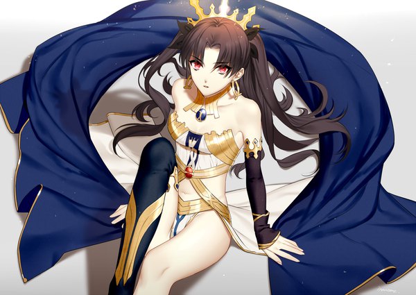 Anime picture 1500x1064 with fate (series) fate/grand order ishtar (fate) inanome me single long hair looking at viewer light erotic red eyes brown hair sitting bare shoulders from above arm support two side up girl thighhighs navel detached sleeves earrings