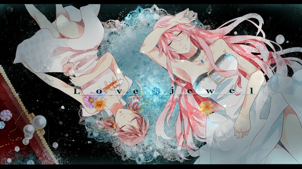 Anime picture 2000x1124 with vocaloid megurine luka kaai yuki tagme (artist) long hair highres brown hair wide image twintails bare shoulders multiple girls pink hair lying eyes closed very long hair inscription sleeveless couple black background short twintails