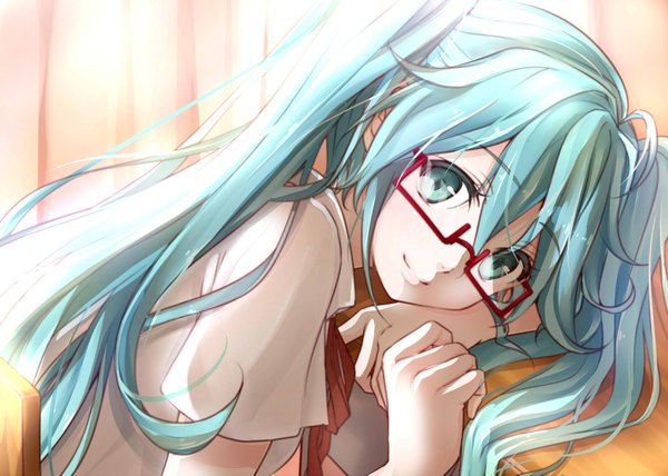 Anime picture 2000x1429 with vocaloid hatsune miku masami chie single long hair looking at viewer blush highres twintails ahoge aqua eyes light smile aqua hair girl ribbon (ribbons) shirt glasses hands