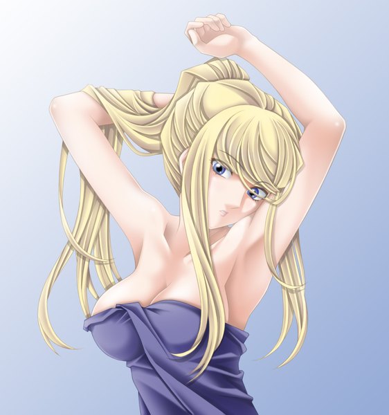 Anime picture 1500x1600 with metroid samus aran tamamon single long hair tall image blue eyes light erotic simple background blonde hair cleavage arms up armpit (armpits) girl