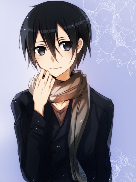 Anime picture 750x1000 with sword art online a-1 pictures kirigaya kazuto jianmo sl single tall image short hair black hair looking away light smile black eyes purple background boy scarf