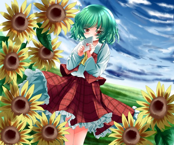 Anime picture 1420x1181 with touhou kazami yuuka oumi hi single blush short hair red eyes cloud (clouds) green hair girl skirt skirt set sunflower letter love letter
