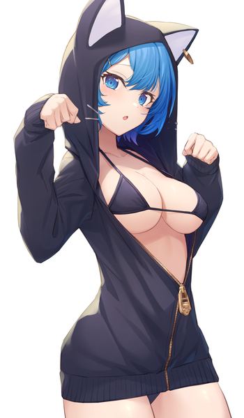 Anime picture 1167x2000 with virtual youtuber animare souya ichika nishino eri single tall image looking at viewer blush fringe short hair breasts open mouth blue eyes light erotic simple background large breasts standing white background blue hair long sleeves