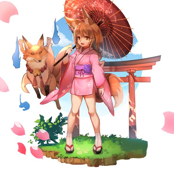 Anime picture 1101x1080 with original kamisakai single long hair looking at viewer fringe open mouth simple background hair between eyes brown hair standing white background holding brown eyes animal ears payot full body outdoors tail long sleeves