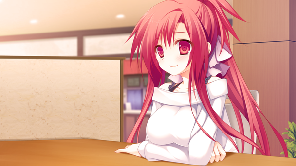 Anime picture 1280x720 with hikoukigumo no mukougawa mishio eiri single long hair blush smile red eyes wide image bare shoulders game cg ponytail red hair girl