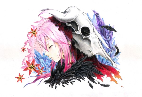 Anime picture 4587x3142 with guilty crown production i.g yuzuriha inori single long hair highres simple background white background pink hair absurdres eyes closed teeth sad girl flower (flowers) headdress feather (feathers)