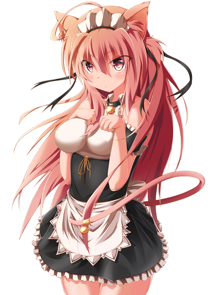 Anime picture 2688x3623 with original neguse hinata single long hair tall image blush highres breasts light erotic simple background white background bare shoulders animal ears pink hair animal tail pink eyes cat ears maid cat girl cat tail