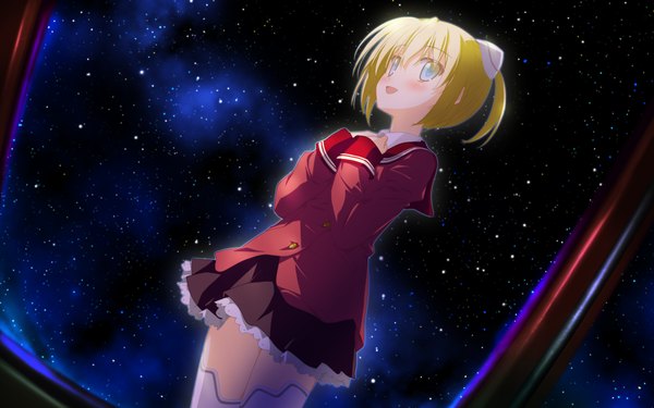 Anime picture 2048x1280 with astralair no shiroki towa corona (astralair no shiroki towa) single blush highres short hair open mouth blue eyes blonde hair game cg night girl thighhighs uniform hair ornament school uniform white thighhighs