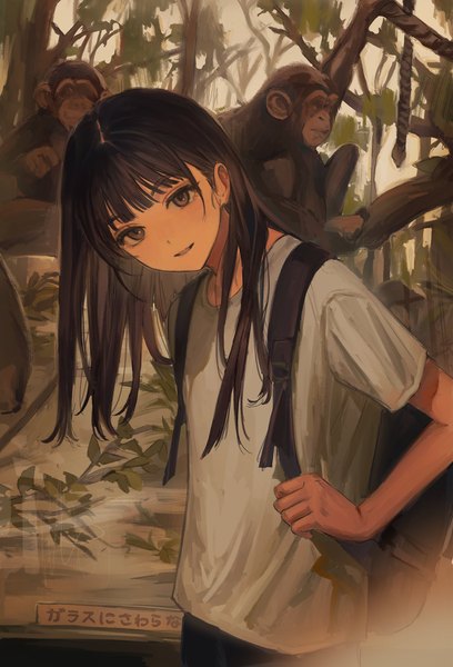 Anime picture 1393x2048 with original funabashi (iwzry) single long hair tall image looking at viewer fringe smile brown hair standing brown eyes upper body blunt bangs head tilt grin girl plant (plants) animal t-shirt backpack