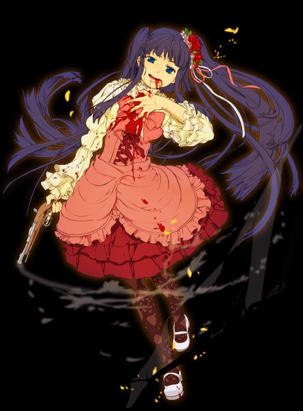 Anime picture 1032x1399 with umineko no naku koro ni furudo erika kaisen single long hair tall image looking at viewer open mouth blue eyes simple background twintails purple hair full body hand on chest black background lolita fashion blood on face bloody clothes girl dress