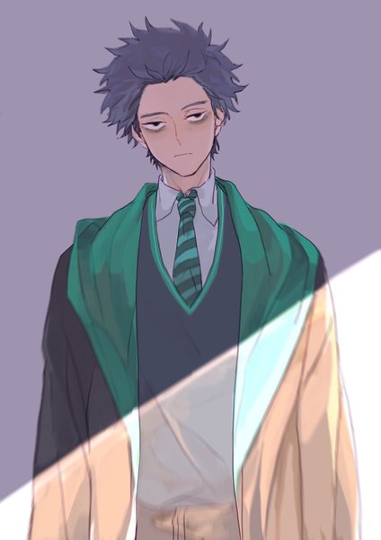 Anime picture 2434x3444 with boku no hero academia harry potter studio bones shinsou hitoshi imtangsun single tall image looking at viewer highres short hair simple background purple hair upper body head tilt black eyes sunlight cosplay purple background spiked hair boy