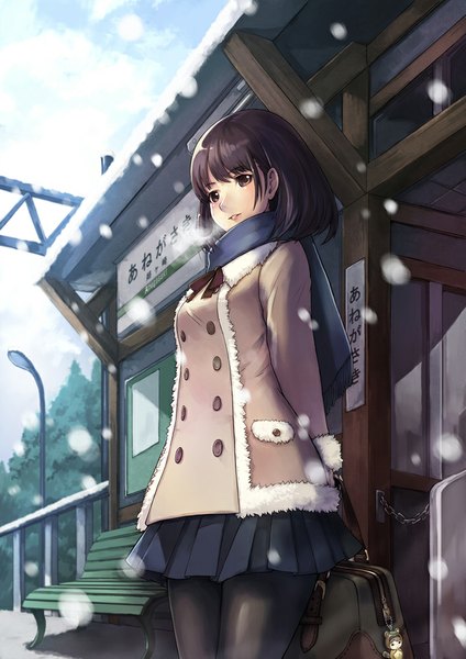 Anime picture 707x1000 with love plus anegasaki nene moo (rhythmpop) single tall image blush short hair black hair pleated skirt black eyes snowing winter snow exhalation double buttons girl skirt miniskirt jacket scarf