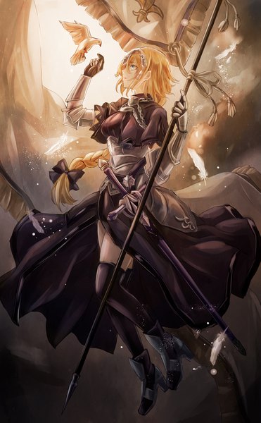 Anime picture 1060x1711 with fate (series) fate/apocrypha jeanne d'arc (fate) (all) jeanne d'arc (fate) jan (lightdragoon) single long hair tall image fringe blonde hair hair between eyes holding sky full body braid (braids) profile arm up aqua eyes sunlight high heels