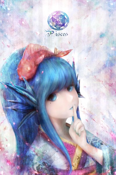 Anime picture 2000x3000 with original zhang xiao bo single long hair tall image looking at viewer highres blue eyes blue hair traditional clothes japanese clothes finger to mouth zodiac pisces (zodiac) girl animal kimono fish (fishes)