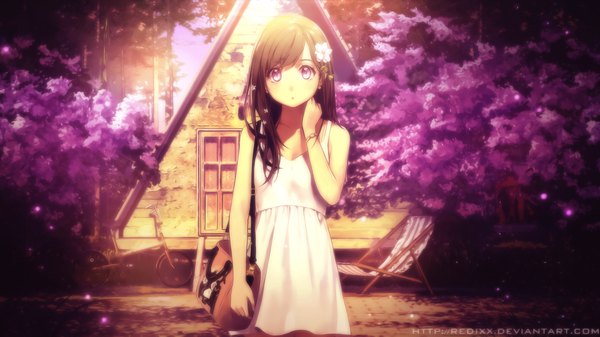 Anime picture 1366x768 with everlasting summer original iichan eroge arsenixc vvcephei yohan12 redixx single long hair looking at viewer blush fringe brown hair wide image standing bare shoulders signed game cg sky upper body