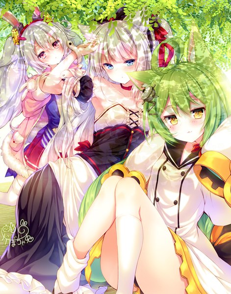 Anime picture 679x865 with azur lane laffey (azur lane) hammann (azur lane) akashi (azur lane) kabocha usagi long hair tall image looking at viewer blush fringe blue eyes light erotic hair between eyes purple eyes bare shoulders multiple girls signed animal ears yellow eyes white hair