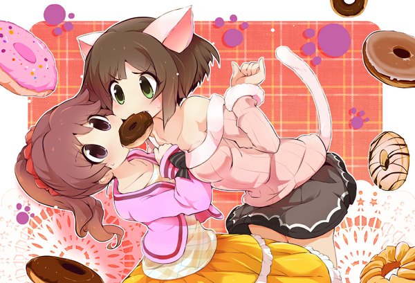 Anime picture 1100x750 with idolmaster idolmaster cinderella girls maekawa miku shiina noriko usoneko long hair blush short hair breasts brown hair purple eyes bare shoulders multiple girls holding green eyes animal ears ponytail tail animal tail cat ears