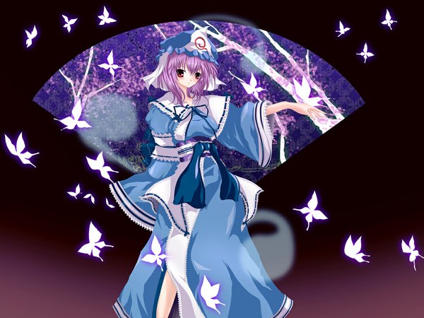 Anime picture 1024x768 with touhou saigyouji yuyuko red eyes purple hair girl hat frills merusen