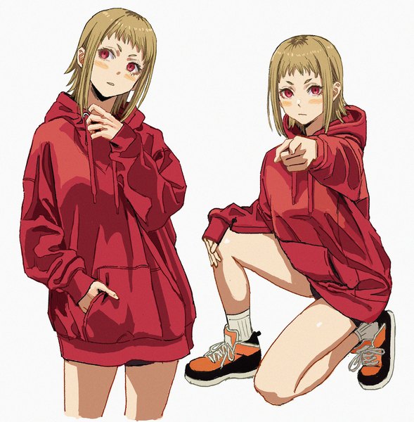 Anime picture 1211x1234 with chainsaw man mappa sawatari akane (chainsaw man) shiren (ourboy83) tall image blush short hair simple background blonde hair red eyes white background long sleeves sleeves past wrists multiview hand in pocket pointing at viewer girl shoes shorts hood