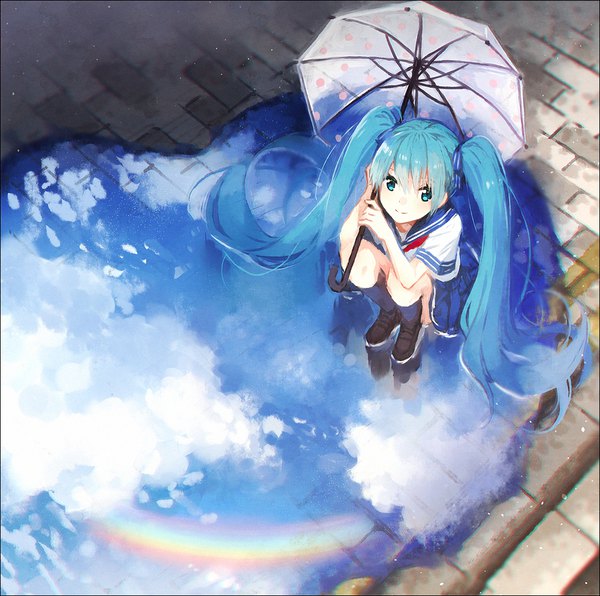 Anime picture 1000x994 with vocaloid hatsune miku hakusai (tiahszld) single long hair looking at viewer fringe blue eyes hair between eyes twintails blue hair sky cloud (clouds) full body from above light smile blurry reflection squat girl