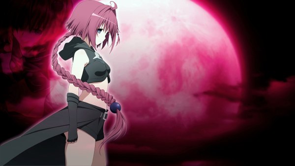 Anime picture 1280x720 with toloveru darkness kurosaki mea holic single long hair breasts blue eyes wide image purple hair red hair braid (braids) night night sky red moon girl shorts moon full moon