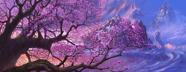Anime picture 1790x700 with original ucchiey wide image cherry blossoms mountain fantasy nature panorama plant (plants) tree (trees) dragon