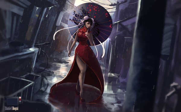 Anime picture 1674x1042 with street fighter capcom chun-li daniel bogni single looking at viewer breasts black hair wide image signed bare legs hair bun (hair buns) high heels dutch angle alternate costume sleeveless chinese clothes rain side slit walking