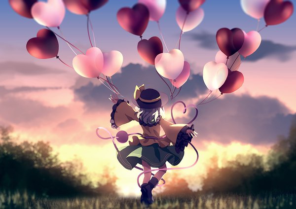 Anime picture 1600x1133 with touhou komeiji koishi dise single short hair standing sky cloud (clouds) full body outdoors grey hair from behind wide sleeves depth of field evening standing on one leg sunset spread arms heart of string girl