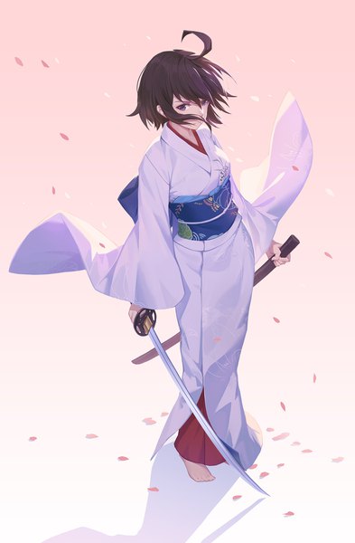 Anime picture 1200x1832 with fate (series) fate/grand order kara no kyoukai type-moon ryougi shiki nian (zhanian) single tall image fringe short hair simple background hair between eyes brown hair standing brown eyes looking away ahoge traditional clothes japanese clothes barefoot