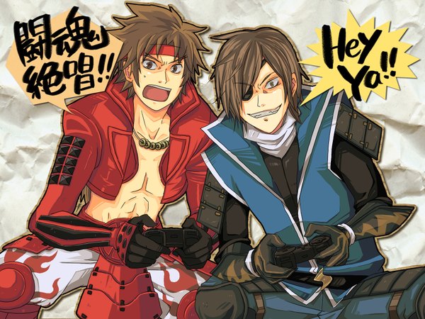 Anime picture 1733x1300 with sengoku basara production i.g date masamune sanada yukimura aom y highres short hair open mouth brown hair grin boy armor eyepatch hachimaki playstation