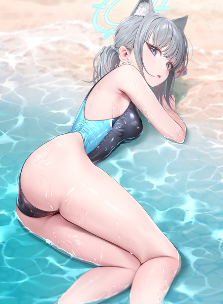 Anime picture 1000x1367 with blue archive shiroko (blue archive) shiroko (swimsuit) (blue archive) ruhee single long hair tall image looking at viewer fringe breasts open mouth blue eyes light erotic animal ears outdoors ass ponytail lying blunt bangs nail polish