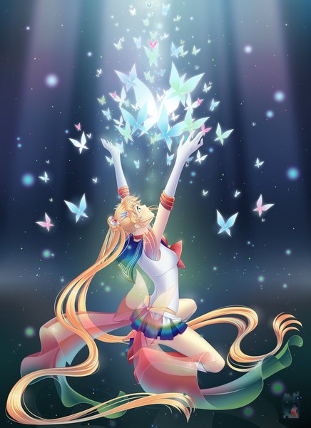 Anime picture 1000x1375 with bishoujo senshi sailor moon toei animation tsukino usagi sailor moon shailo (artist) single tall image blue eyes blonde hair smile sitting twintails bent knee (knees) very long hair profile pleated skirt arm up hair bun (hair buns) high heels outstretched arm