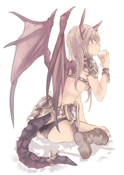 Anime picture 1157x1636 with original touma raito single long hair tall image looking at viewer fringe breasts light erotic simple background blonde hair white background sitting purple eyes holding tail looking back horn (horns) fingernails mouth hold