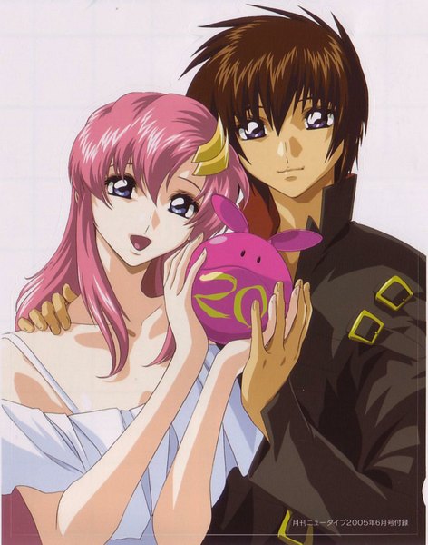 Anime picture 1280x1627 with mobile suit gundam gundam seed sunrise (studio) lacus clyne haro kira yamato long hair tall image short hair open mouth hair between eyes brown hair white background pink hair light smile grey eyes couple girl boy hair ornament