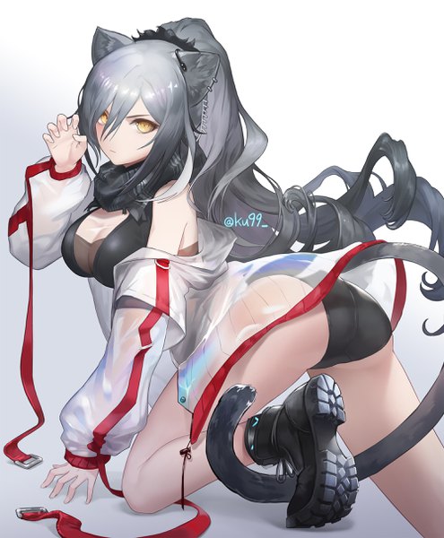 Anime picture 2000x2424 with arknights schwarz (arknights) ku99 (kugugu) single long hair tall image looking at viewer blush fringe highres breasts light erotic simple background hair between eyes signed animal ears yellow eyes payot bent knee (knees) tail