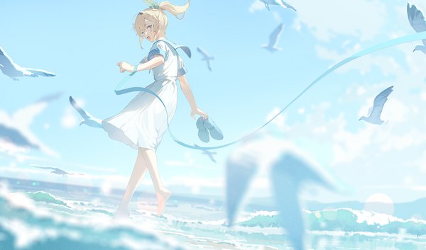 Anime picture 1700x1000 with virtual youtuber hololive kazama iroha hana mori single long hair fringe blonde hair hair between eyes wide image sky cloud (clouds) full body outdoors ponytail looking back barefoot bare legs sailor collar shoes removed