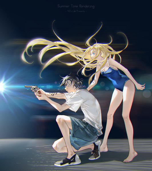 Anime picture 1774x2000 with summertime render kofune ushio ajiro shinpei tidsean long hair tall image highres short hair breasts blue eyes black hair blonde hair standing holding signed looking away full body bent knee (knees) profile barefoot